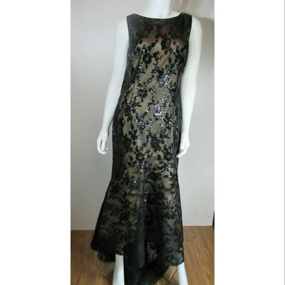 ELIZA J Sequin Lace Mesh High Low Trumpet Bodycon Dress, Black, Womens Size 12 - Picture 2 of 8